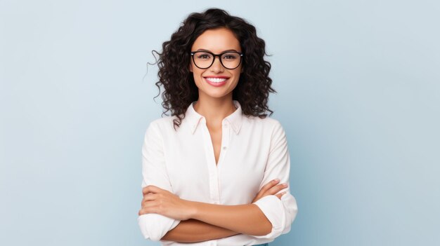 Foto glimlachende vrouw met krullend haar en bril met een wit hemd op een lichtgrijze achtergrond