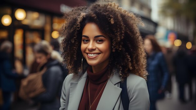 glimlachende vrouw met krullend haar en een grijs jasje op een stadsstraat Generatieve AI