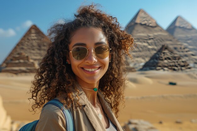 Foto glimlachende vrouw met krullend haar en zonnebril voor de egyptische piramides