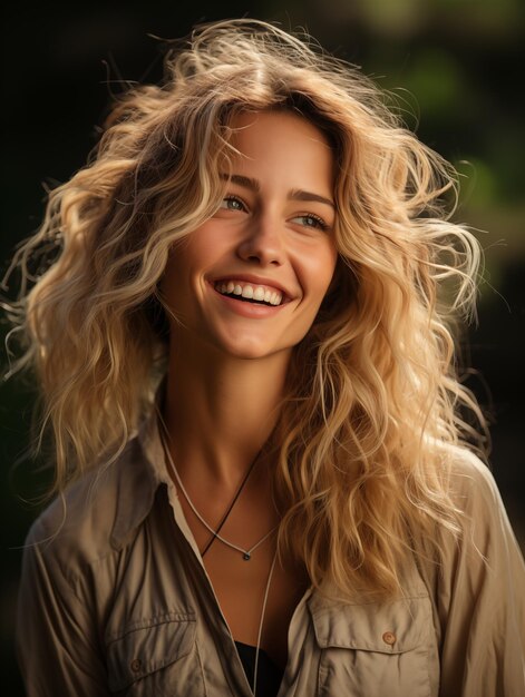 Glimlachende vrouw met lang blond haar in casual kleding poseert voor de cover van een tijdschrift buiten