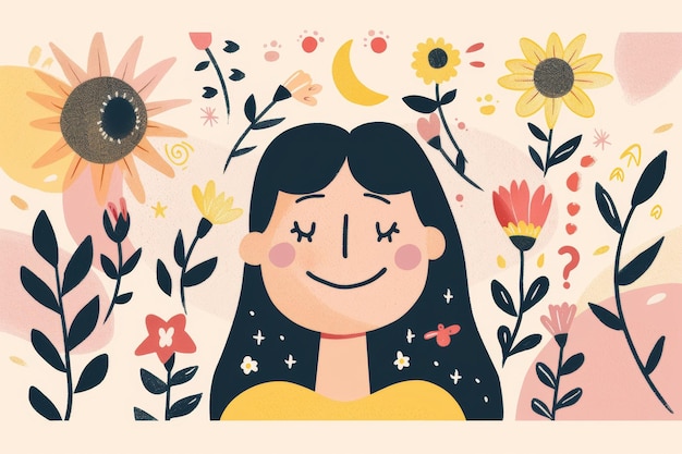 Glimlachende vrouw met lang haar omringd door bloemen Generatieve AI