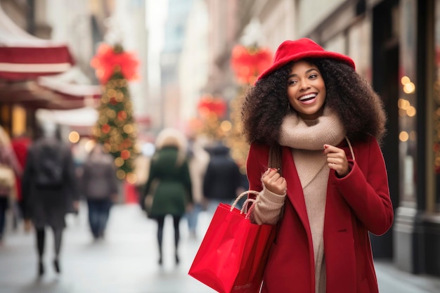 Glimlachende vrouw met rode jas en handtas die geniet van een dag van winkelen concept zwarte vrijdag
