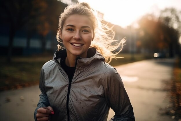 Glimlachende vrouw met vliegend haar dat sport doet