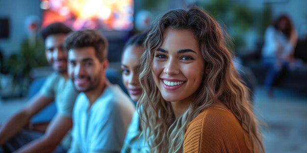 Glimlachende vrouw met vrienden genieten van een bijeenkomst binnen bij zonsondergang