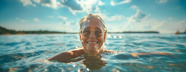 Glimlachende vrouw met zonnebril drijft in de zee.