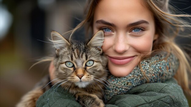 Glimlachende vrouw omarmt tabby kat buiten