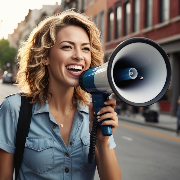Glimlachende vrouw praat op megafoon met straat achtergrond
