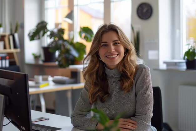 Glimlachende vrouw zit aan haar bureau in het kantoor gelukkige zakenvrouw zit in het kantoor