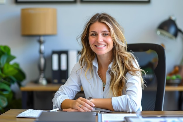 Glimlachende vrouw zit aan haar bureau in het kantoor gelukkige zakenvrouw zit in het kantoor