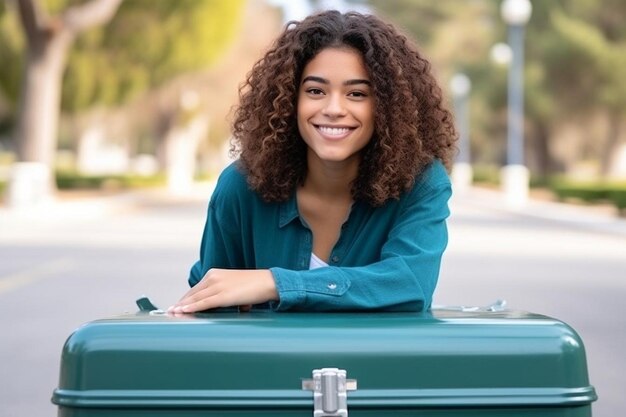 Glimlachende vrouw zit op een kofferbak.