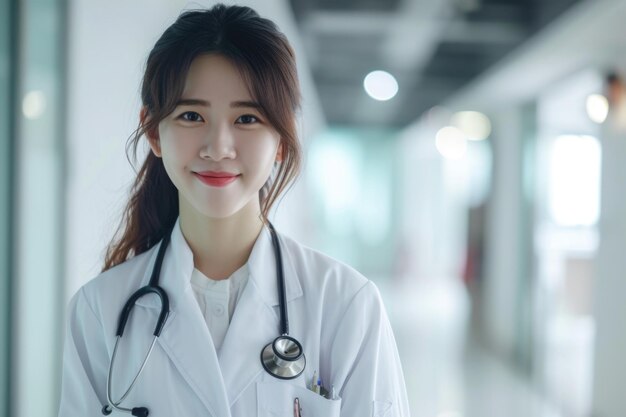 Glimlachende vrouwelijke arts met stethoscoop in de ziekenhuiskorridor