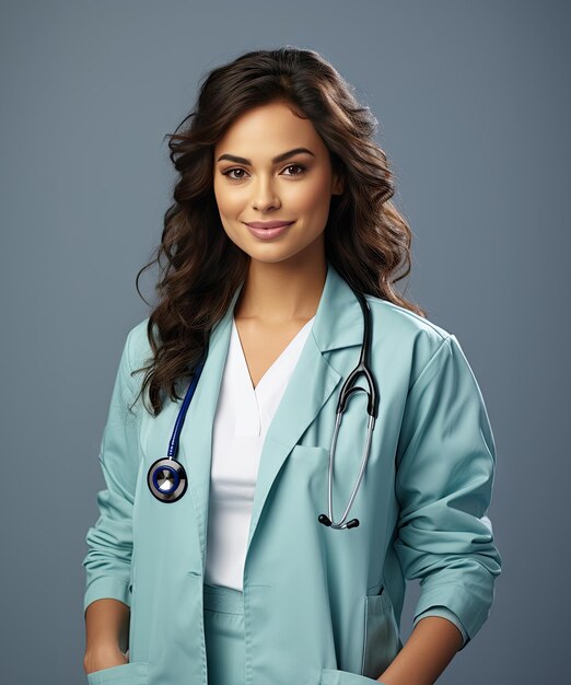 Glimlachende vrouwelijke arts met stethoscoop op blauwe achtergrond