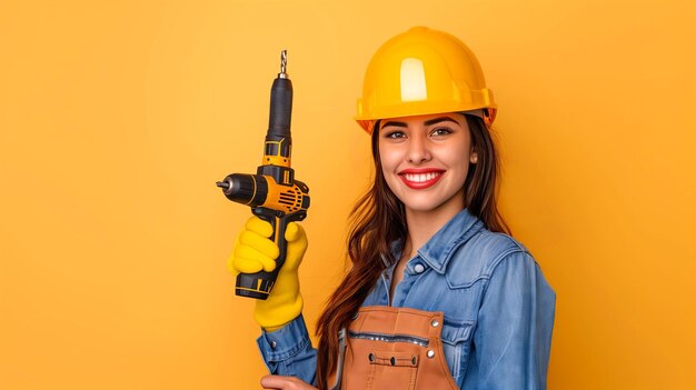 Foto glimlachende vrouwelijke industriële werknemer met een hoed die een boor vasthoudt op een gele achtergrond