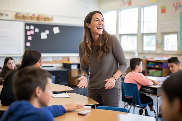 Glimlachende vrouwelijke leraar die met studenten praat in een heldere klasruimte