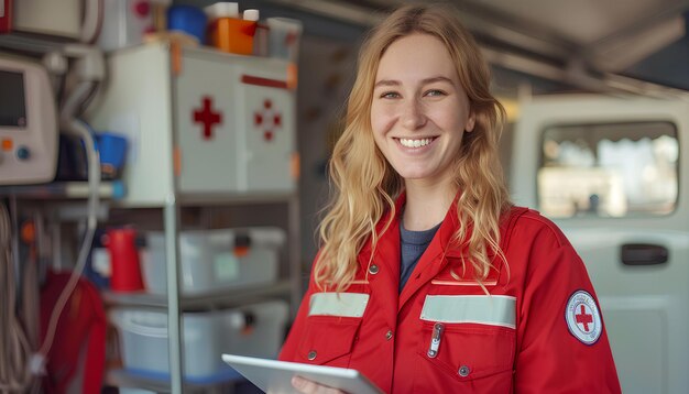 Foto glimlachende vrouwelijke paramedicus met tablet in de kliniek