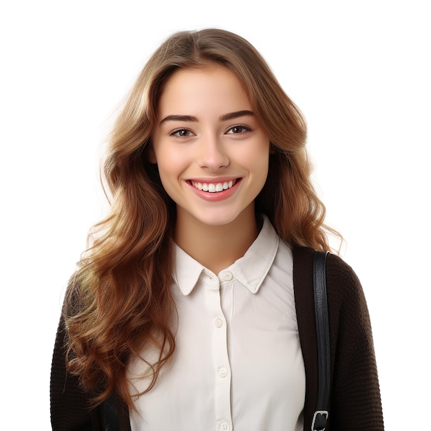 Glimlachende vrouwelijke universiteitsstudent viert academisch succes op een witte achtergrond van het universiteitsleven