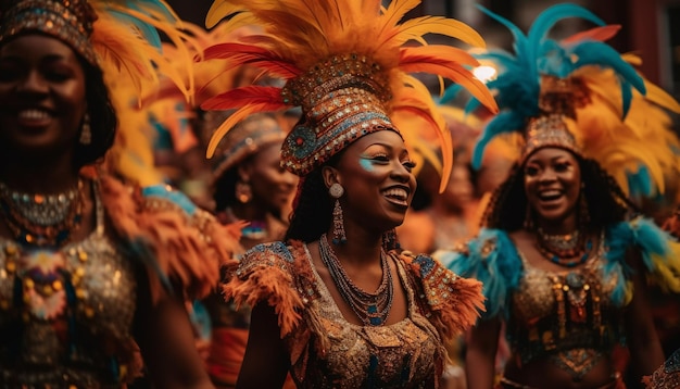 Glimlachende vrouwen die samba dansen in traditionele kleding gegenereerd door AI