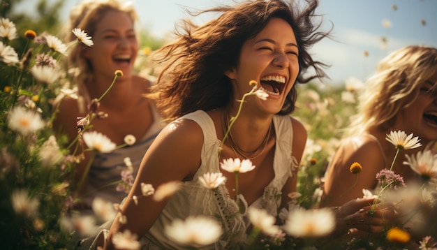 Glimlachende vrouwen genieten van zorgeloze natuurvriendschap en weekendactiviteiten samen gegenereerd door AI