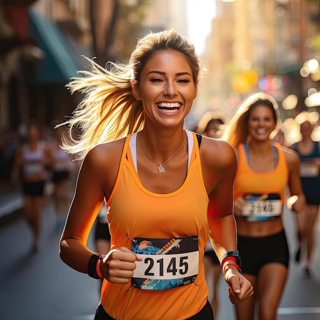 Glimlachende vrouwen lopen een halve marathon in de stad.