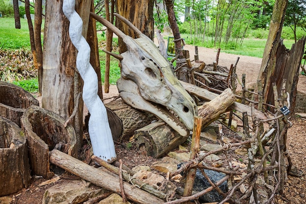 Glimlachende witte draak schedel naast een eenhoorn hoorn en omringd door stok hek
