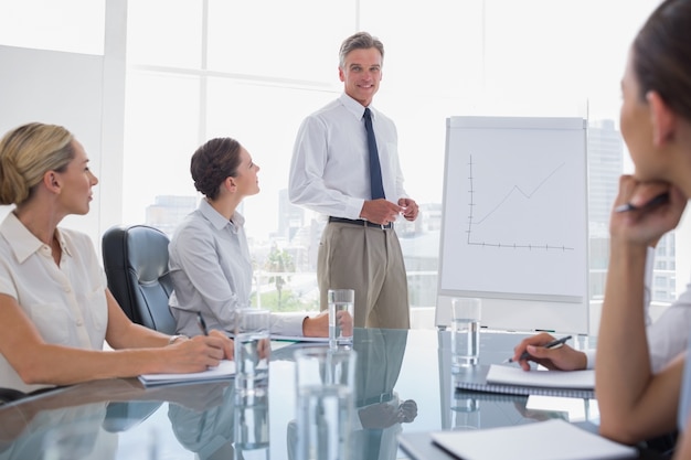 Glimlachende zakenman die zich voor een whiteboard bevindt