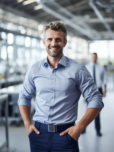 Foto glimlachende zakenman met handen op de heup staande bij collega in de industrie