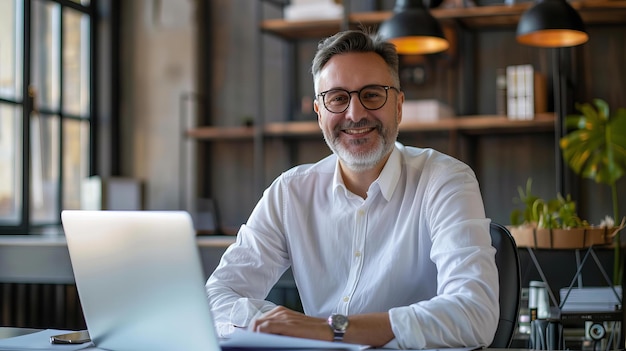 Glimlachende zakenman werkt op een laptop in een modern kantoor