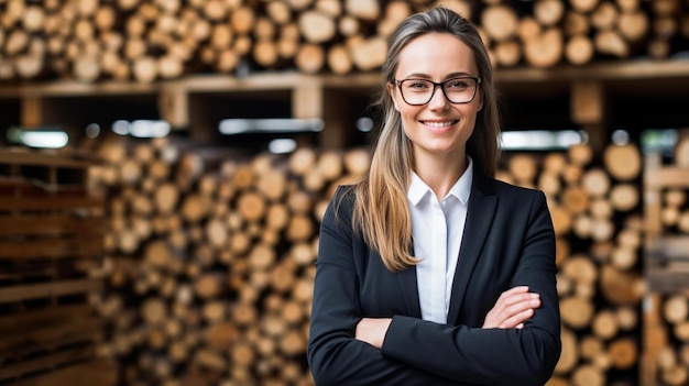 glimlachende zakenvrouw met de armen gekruist voor gestapeld hout