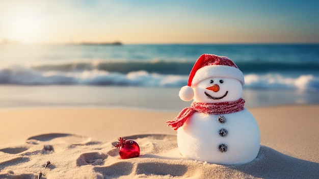 glimlachende zandige sneeuwpop in rode kerstmuts op het zeestrand