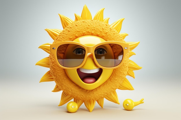 Glimlachende zon die zonnebril draagt op een witte achtergrond 3d illustratie