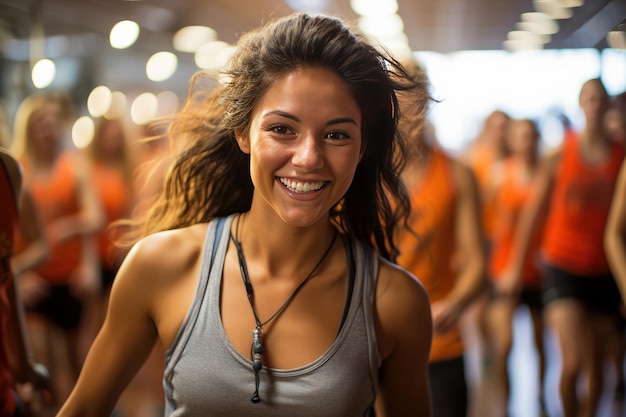 Glimlachende zumba-instructeurs die de klas leiden, inspireren anderen om te bewegen en actief te blijven