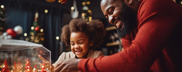 Glimlachende zwarte man met dochter die kerstboksgeschenk aanraakt Generatieve ai