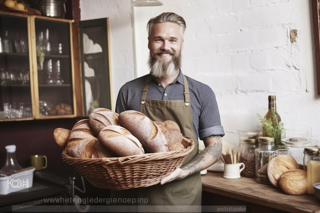Foto glimlachende zweedse mannelijke bakker die zich in huiskeuken bevindt die brood in mand houdt generatieve ai aig21