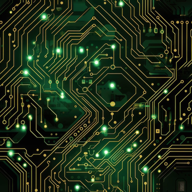 Glimmering Brilliance Stunning Circuit Board Design with Golden Accents on a Lustrous Green backdro