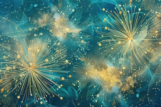 Glimmering Dandelion Fireworks Display in Golden and Teal Hues Generative AI