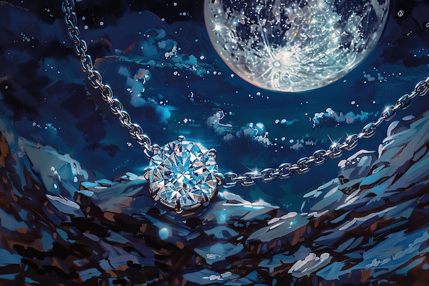 A glimmering diamond necklace sparkles in the soft light of a moonlit night its allure irresistible to those who covet its priceless beauty its true worth hidden beneath a veneer of deception