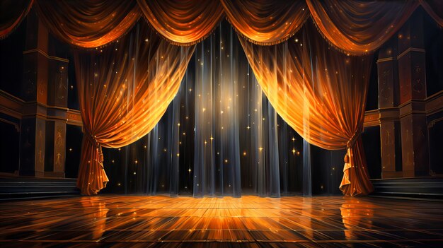 Glimmers of light peeking through drawn stage curtains hinting at the world beyond