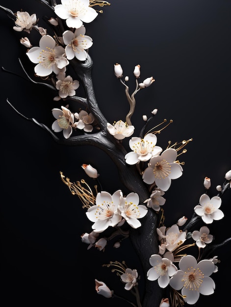 Glimmers of Spring Gold Cherry Blossom Tree on Black Canvas