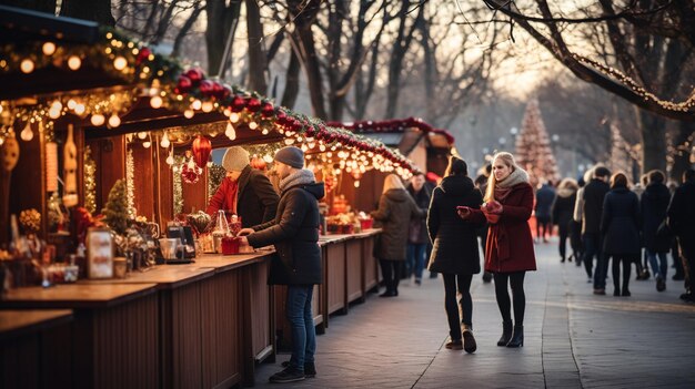 A glimpse of a festive holiday market with twinkling lights and cheerful decorations captures the es