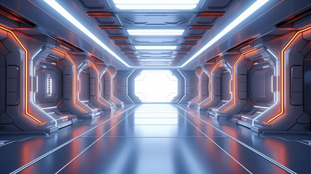Взгляд на будущее в 3D интерьере космического корабля с неоновыми огнями коридор космической станции