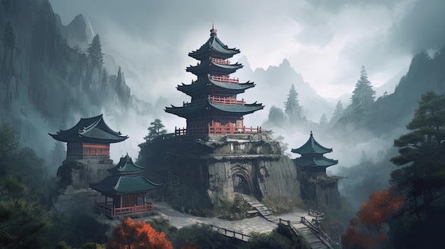 Взгляд на мистическую историю Азии Древний китайский храм, расположенный в величественных горах