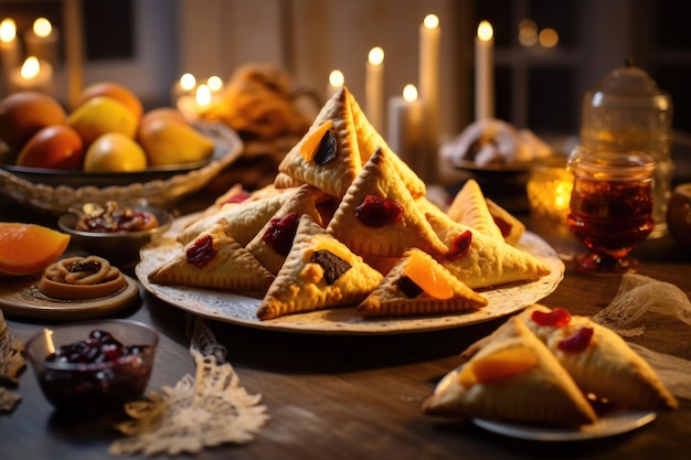 A glimpse into a joyful Purim celebration with 39Hamantaschen39 and other festive Purim dishes beautifully arranged on a decorated table