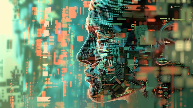 Взгляд на пикселизованного кибернетического персонажа, перемещающегося по цифровому миру, наполненному