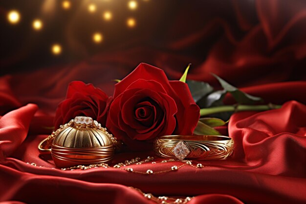 Glimpsing elegance a golden jewellery showcase amidst a bed of roses ar