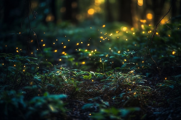 Glimwormen in het bos 's nachts