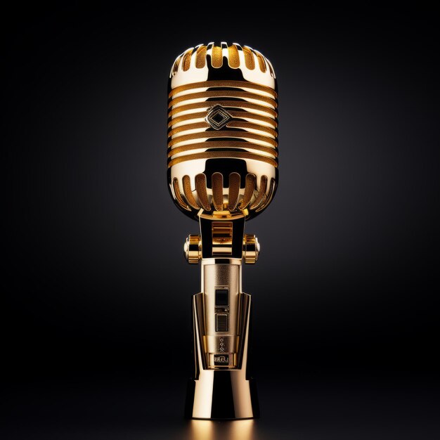 Glinsterende briljantheid Een gedurfd stralende gouden microfoon tegen een slank donker doek