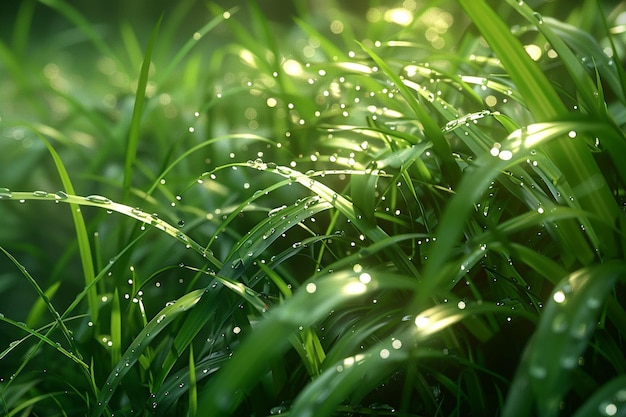 Glinsterende dauwdruppels op grasbladeren