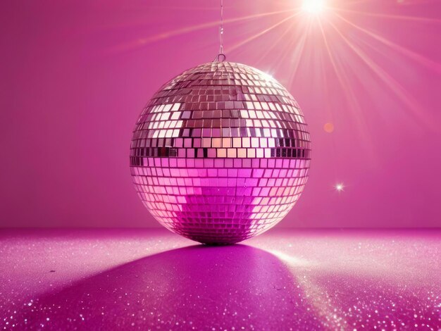 Glinsterende disco bal op een heldere roze achtergrond Glare reflecties en neon licht fuchsia Disco