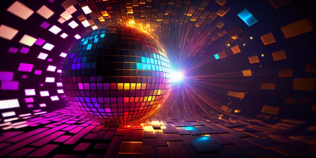 Glinsterende Disco Ball in de lucht op Disco achtergrond Albumcover Generatieve AI