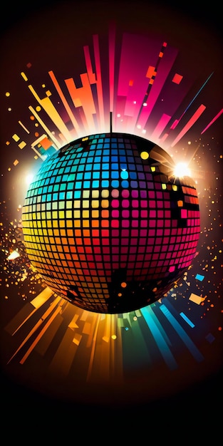 Glinsterende Disco Ball in de lucht op Disco achtergrond Albumcover Generatieve AI